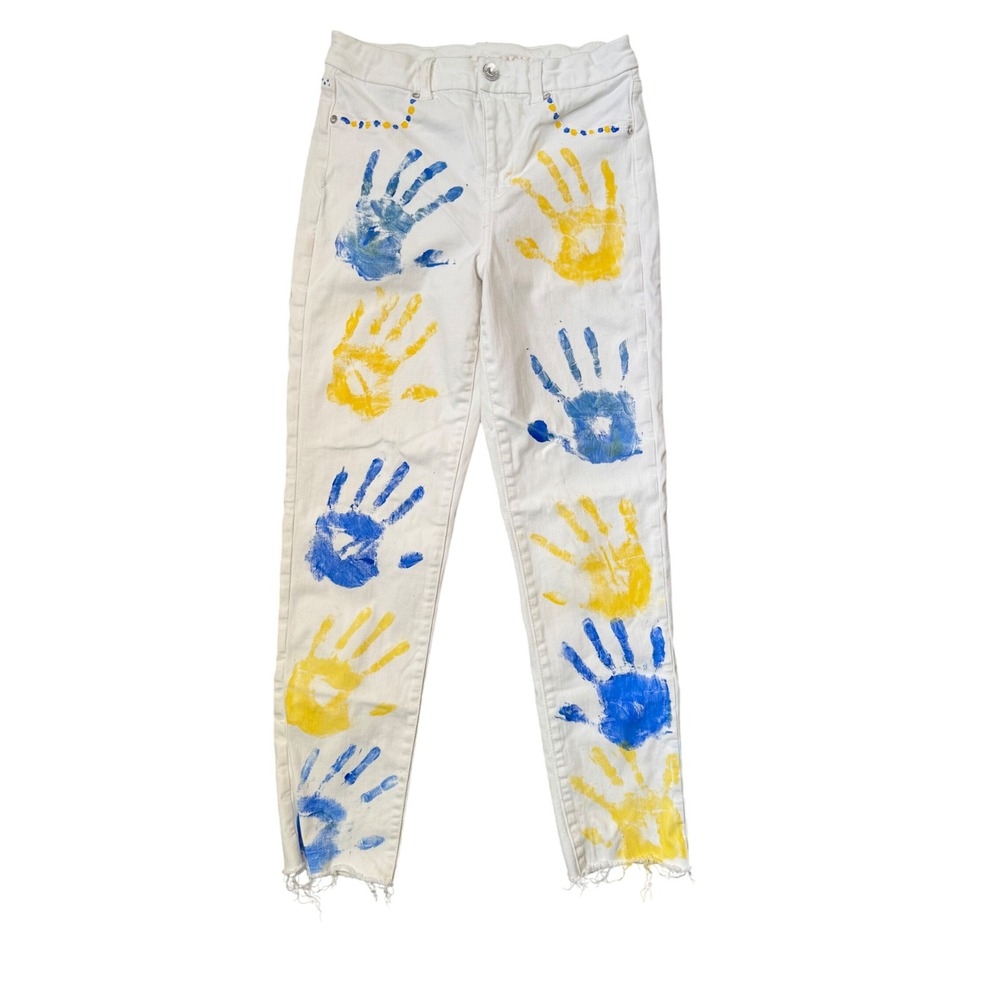 American‎ Eagle White Skinny Jeans Handprint Embellished Custom Size 8 Long
